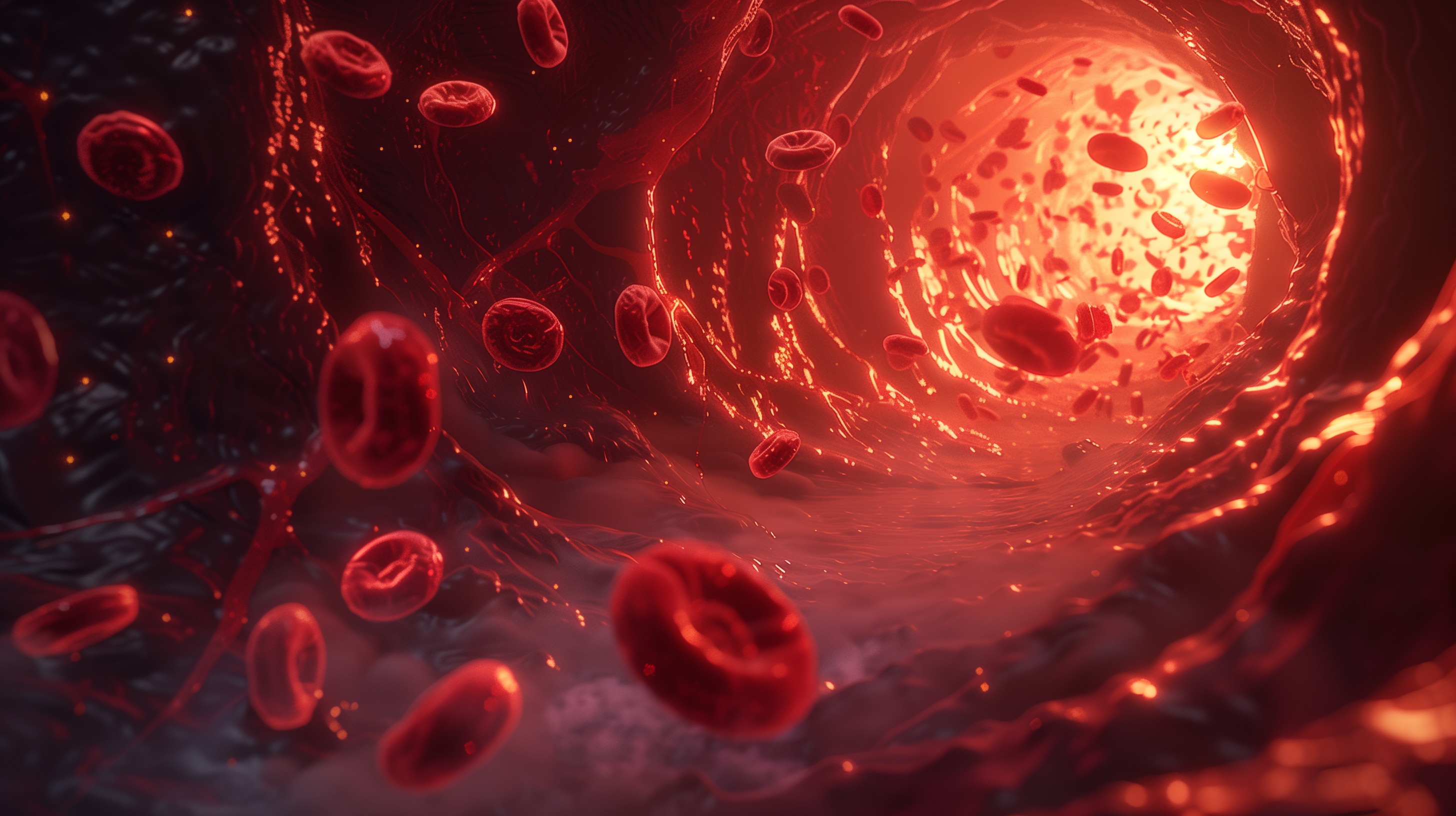 Artistic interpretation of red blood cells flowing through a blood vessel. thumbnail